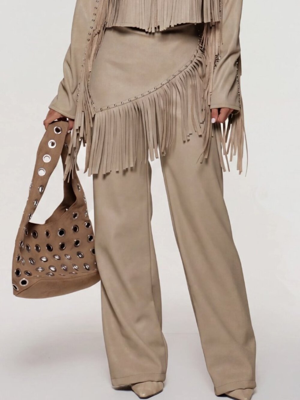 Khaki Casual Women's Faux Suede Studded Flare Leg Pants